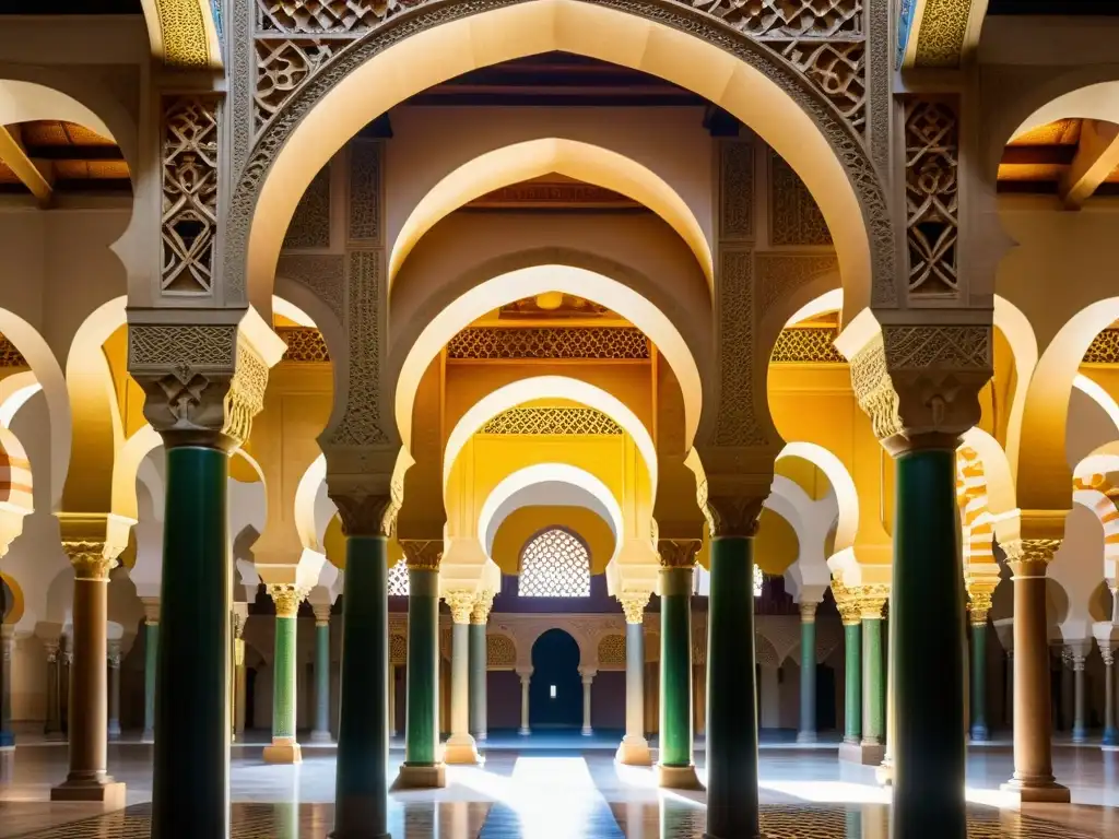 Intrincado arte islámico en la Gran Mezquita de Córdoba, con juego de luces y sombras en arcos y columnas