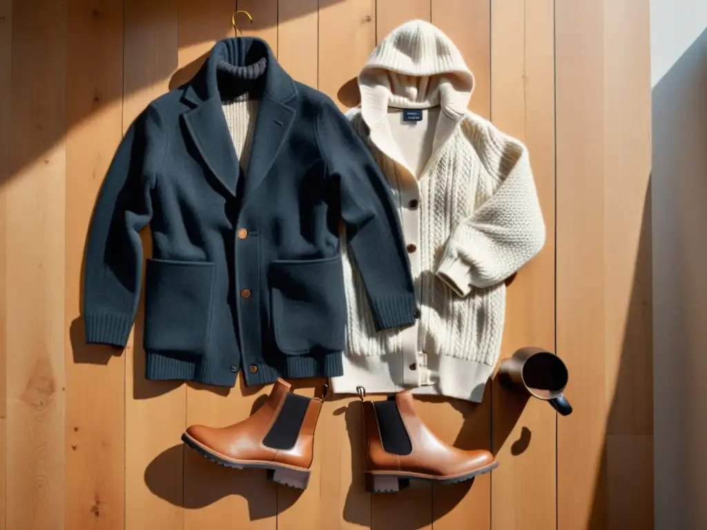 Inspiración nórdica moda invernal: Conjunto invernal minimalista con suéter, pantalones, abrigo y botas en suelo de madera