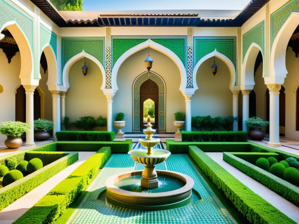 Un jardín islámico exuberante con patrones intrincados y simetría, rodeado de belleza serena