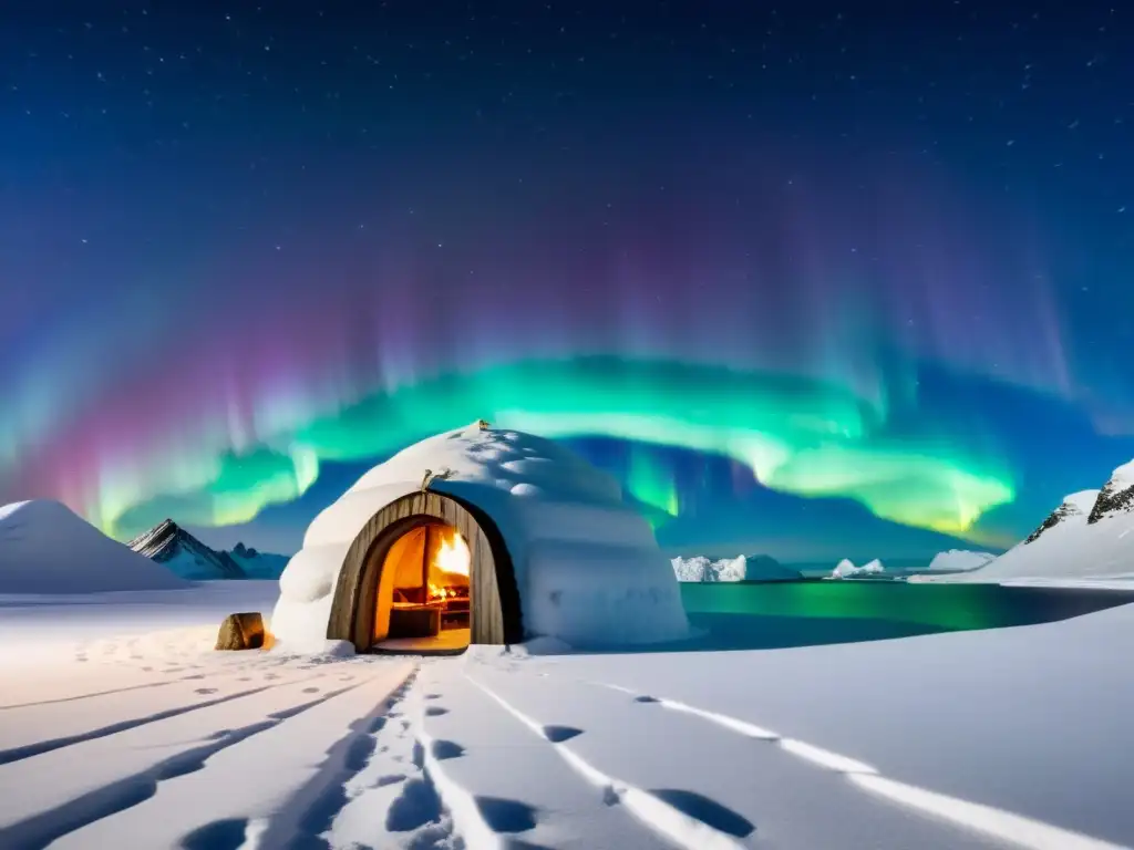 Hospedarse en Islas Remotas Tradiciones: Igloo inuit en paisaje nevado de Groenlandia con auroras boreales y comunidad inuit alrededor de fogata