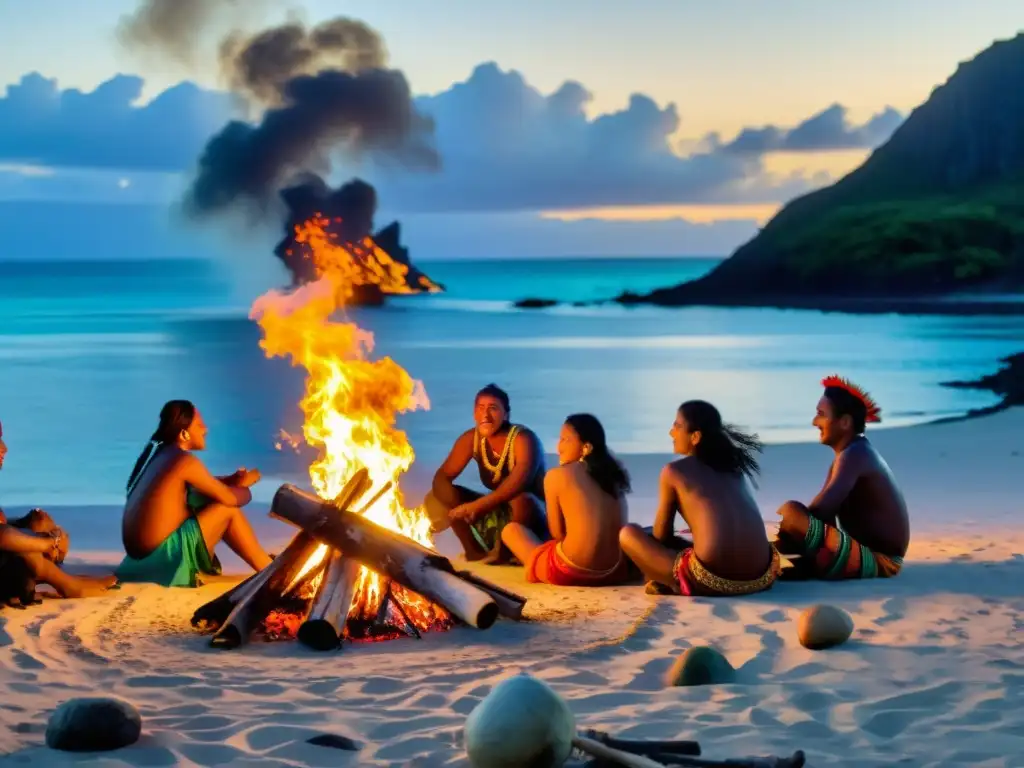 Hospedarse en Islas Remotas Tradiciones: Indígenas celebran alrededor de una fogata en una isla remota, con el mar de fondo y atardecer