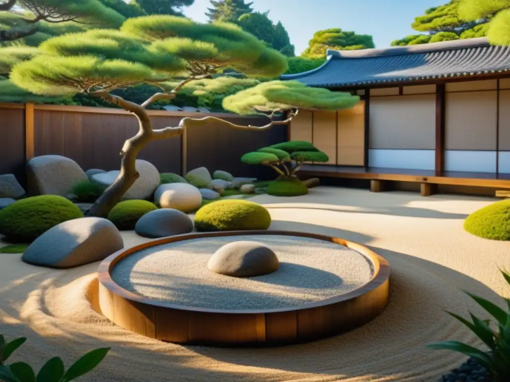 Jardín Zen japonés con espacios de contemplación budista y sereno paisaje reflejado en el estanque