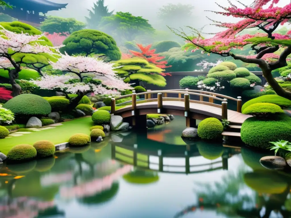 Jardín japonés con puente de madera, estanque con carpas koi, cerezos en flor y ambiente de serenidad, inspiraciones budistas en poesía japonesa