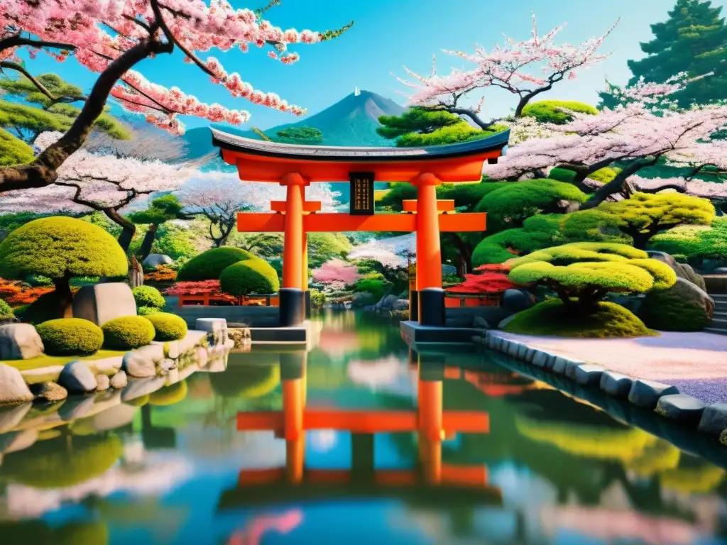 Un jardín japonés sereno con cerezos en flor y un torii tradicional, fusionando la tradición con personajes de videojuegos