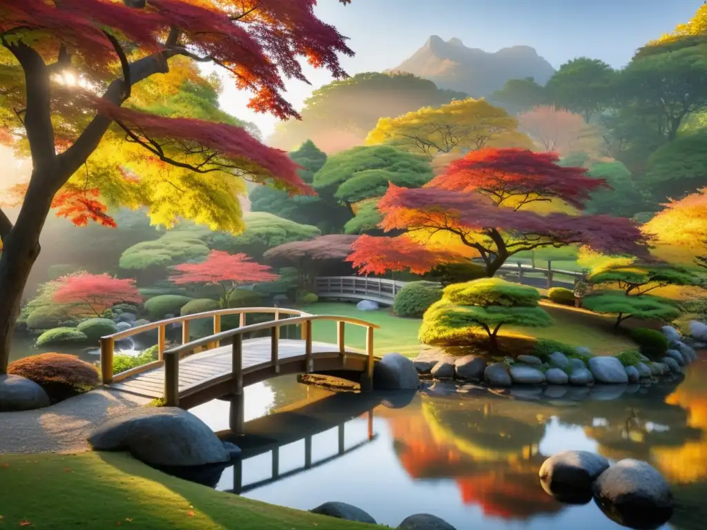 Un jardín japonés sereno con un estanque tranquilo, árboles de arce rojo y un templo pagoda, evocando la Filosofía Budista en Cuentos Japoneses