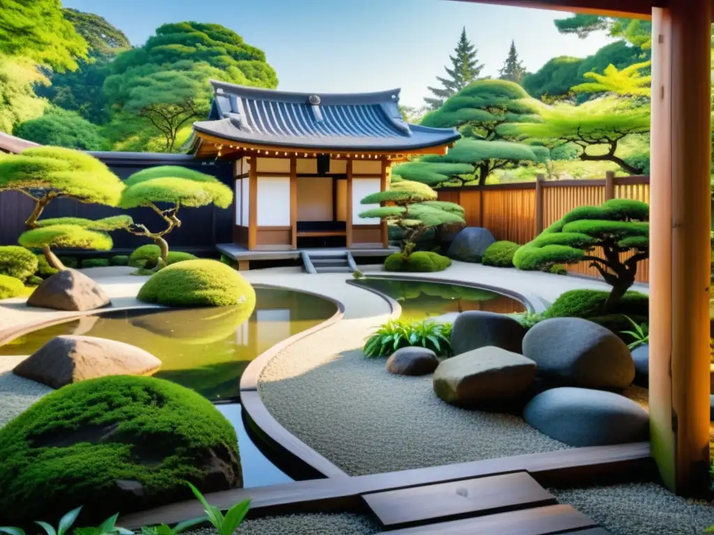 Un jardín Zen japonés tradicional con rocas, vegetación exuberante y un estanque tranquilo, rodeado de un ambiente sereno