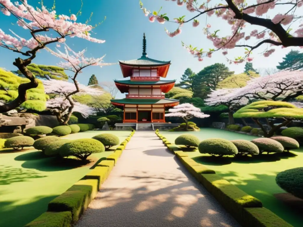 Un jardín japonés tranquilo, lleno de árboles de cerezo en flor