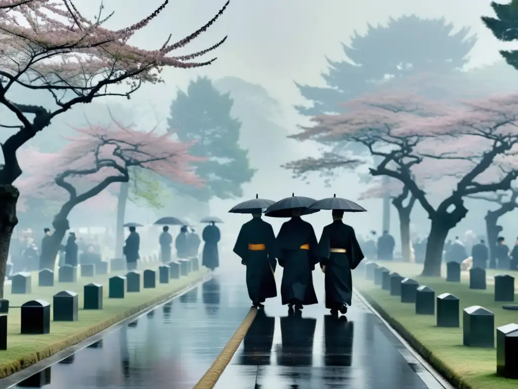 Procesión fúnebre japonesa con monjes budistas, seguidores y un cementerio neblinoso, reflejando la influencia del Budismo en funerales japoneses