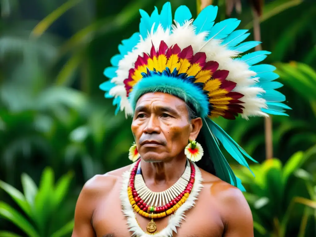 Jefe tribal de Micronesia en ceremonia de coronación rodeado de símbolos ancestrales y vegetación exuberante