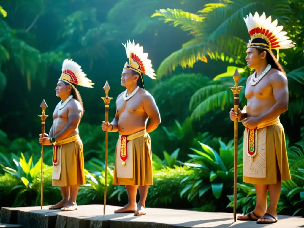 Tradición de coronación de jefes en Micronesia: Ancianos en atuendo tradicional se preparan para el ritual sagrado en una plataforma majestuosa