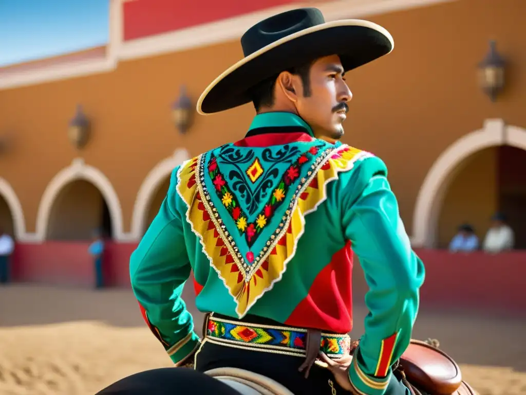 Un jinete hábil luce un traje de charro tradicional mexicano en un arena de rodeo soleada, destacando la influencia mexicana en moda occidental