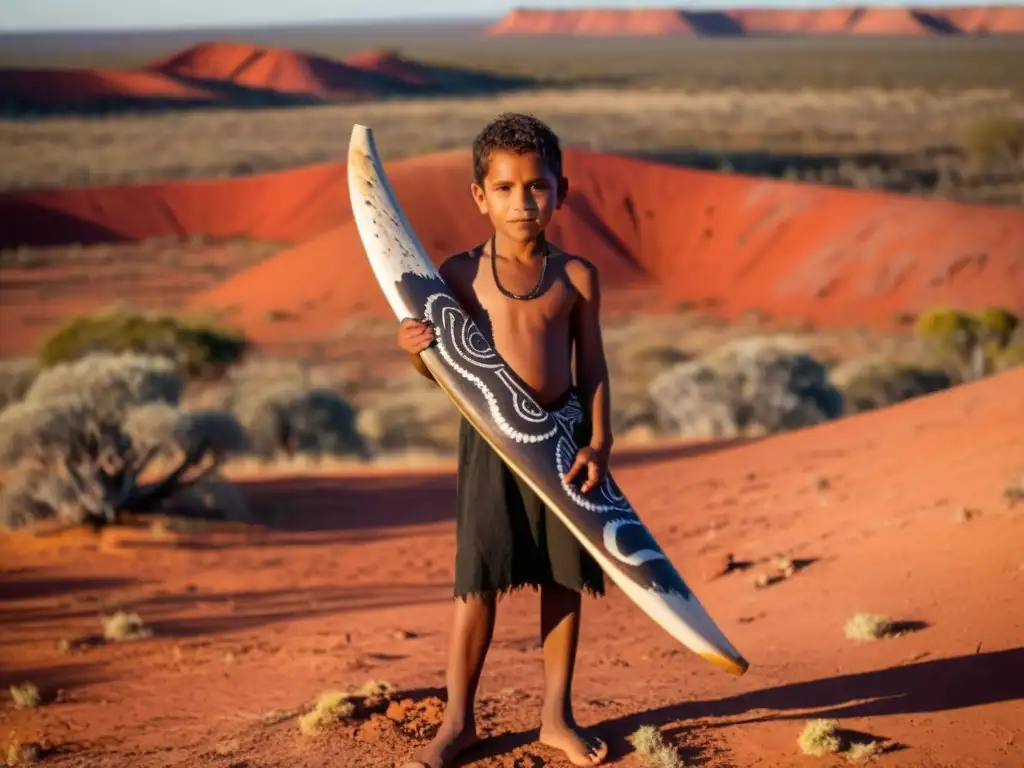 Joven aborigen australiano en rito de madurez, sosteniendo boomerang y didgeridoo en el vasto outback rojo