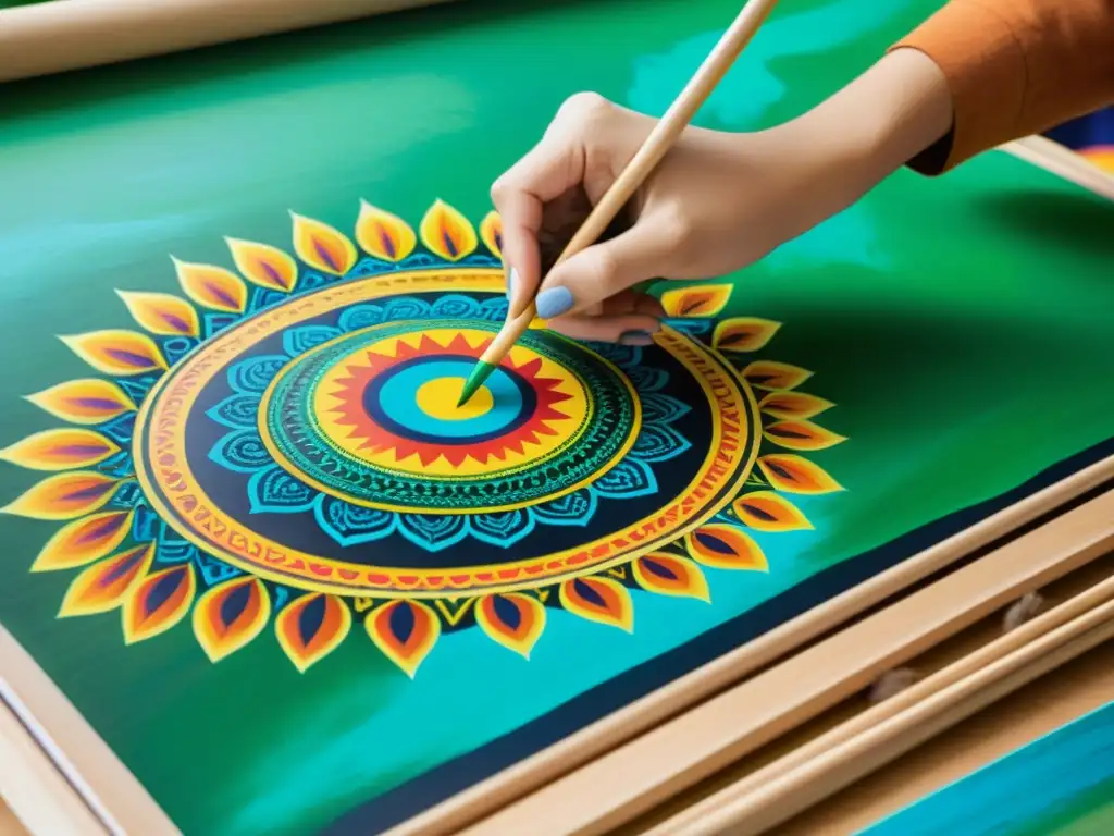 Artista joven pintando diseño étnico moderno Un joven artista reinventa el arte étnico con su enfoque innovador y sus vibrantes pinceladas