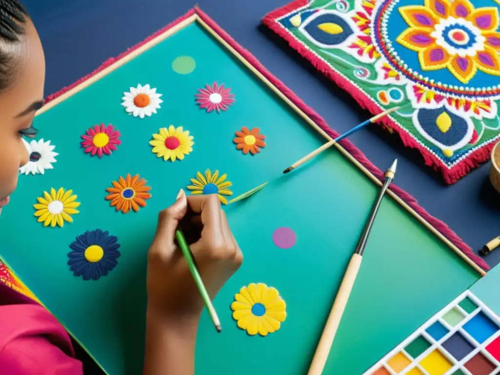 Joven artista crea obra de arte étnico con pasión Un joven artista concentra su pasión en crear patrones en un lienzo, rodeado de colores y herramientas artísticas