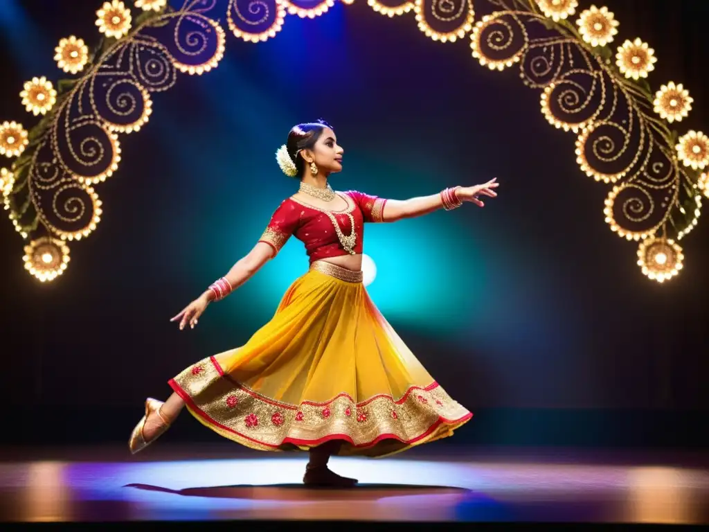 Una joven bailarina india realiza una elegante danza clásica en su Iniciación en la Danza Arangetram India, con trajes vibrantes y escenario decorado