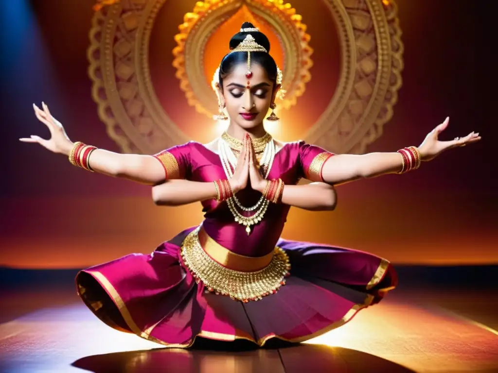 Una joven bailarina en traje tradicional indio realiza una grácil pose de Bharatanatyam en un escenario adornado