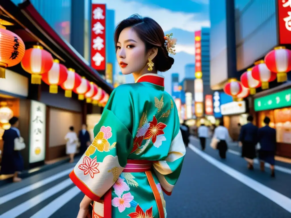 Una joven camina por las bulliciosas calles de Tokio luciendo un kimono tradicionalmente bordado, simbolizando el significado del kimono en Japón