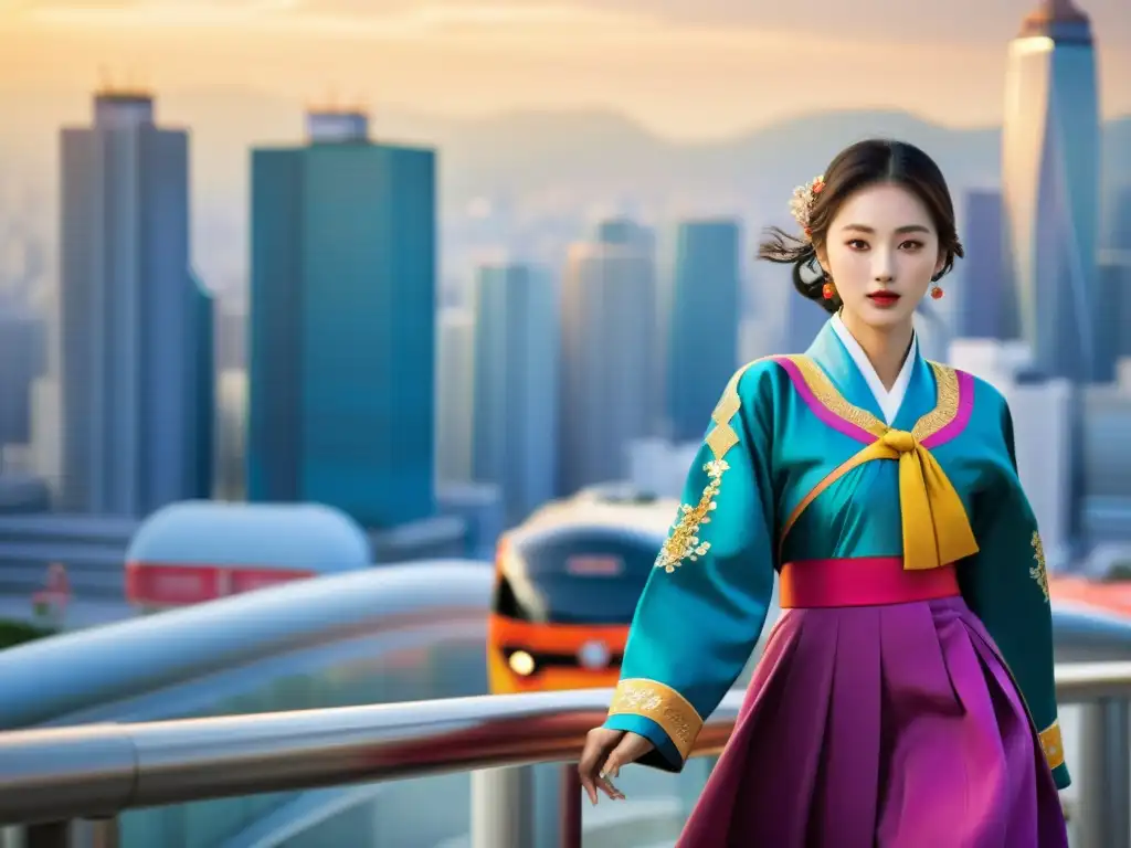 Una joven coreana lleva un hanbok tradicional en la bulliciosa ciudad, mostrando la dualidad del hanbok coreano en la vida moderna