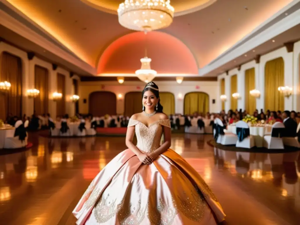 Una joven latina en un vestido de quinceañera coral rodeada de amigos y familiares en un majestuoso salón iluminado con luz dorada