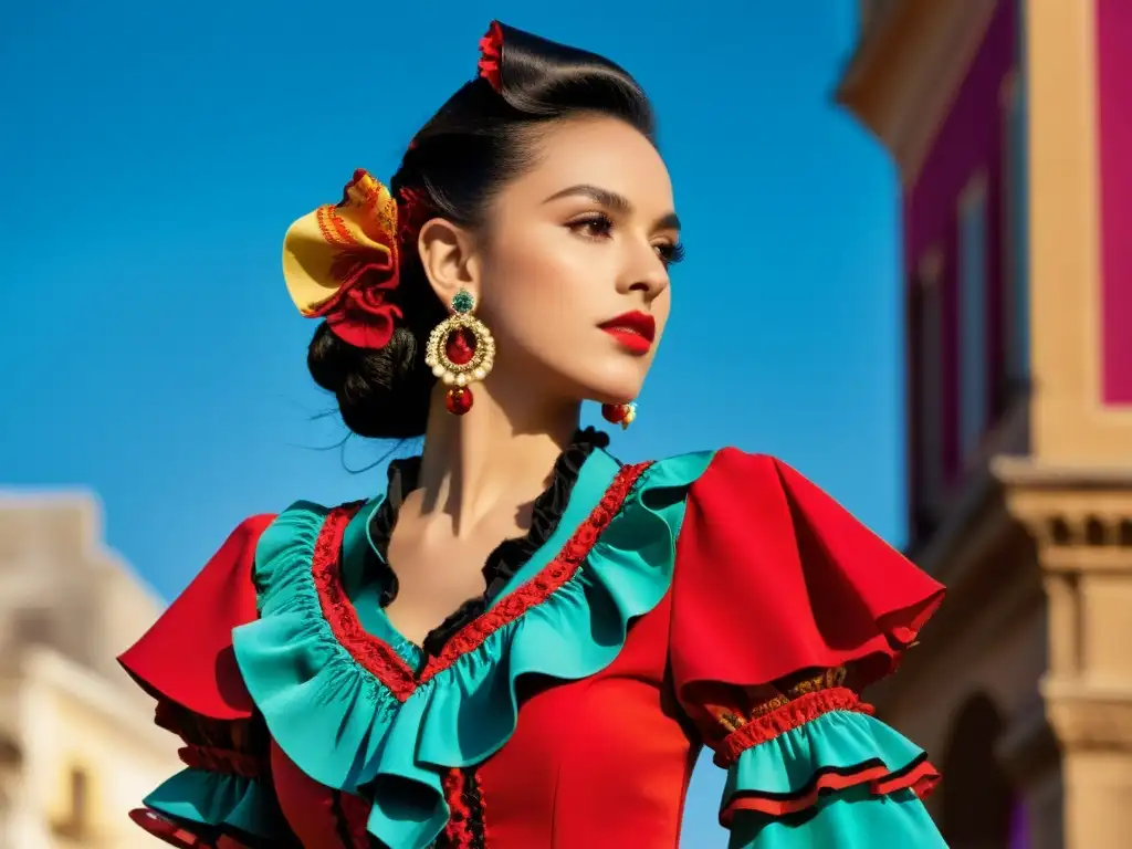 Una joven viste un moderno traje de flamenca con colores vibrantes y volantes intrincados, fusionando lo clásico con lo contemporáneo