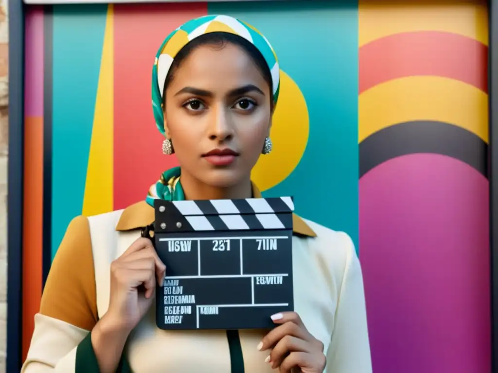 Una joven mujer musulmana firme frente a un colorido póster de cine, con expresión decidida y un pizarra en mano