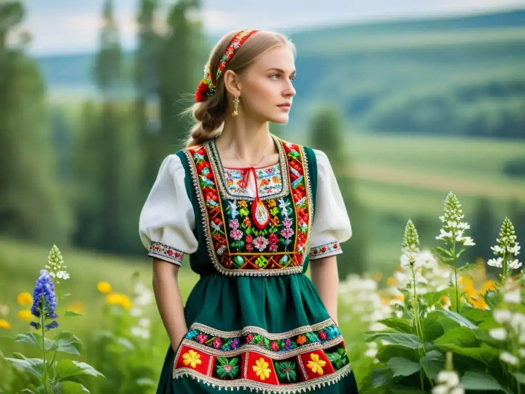 Una joven lleva con orgullo un sarafán eslavo tradicional, rodeada de naturaleza y flores silvestres