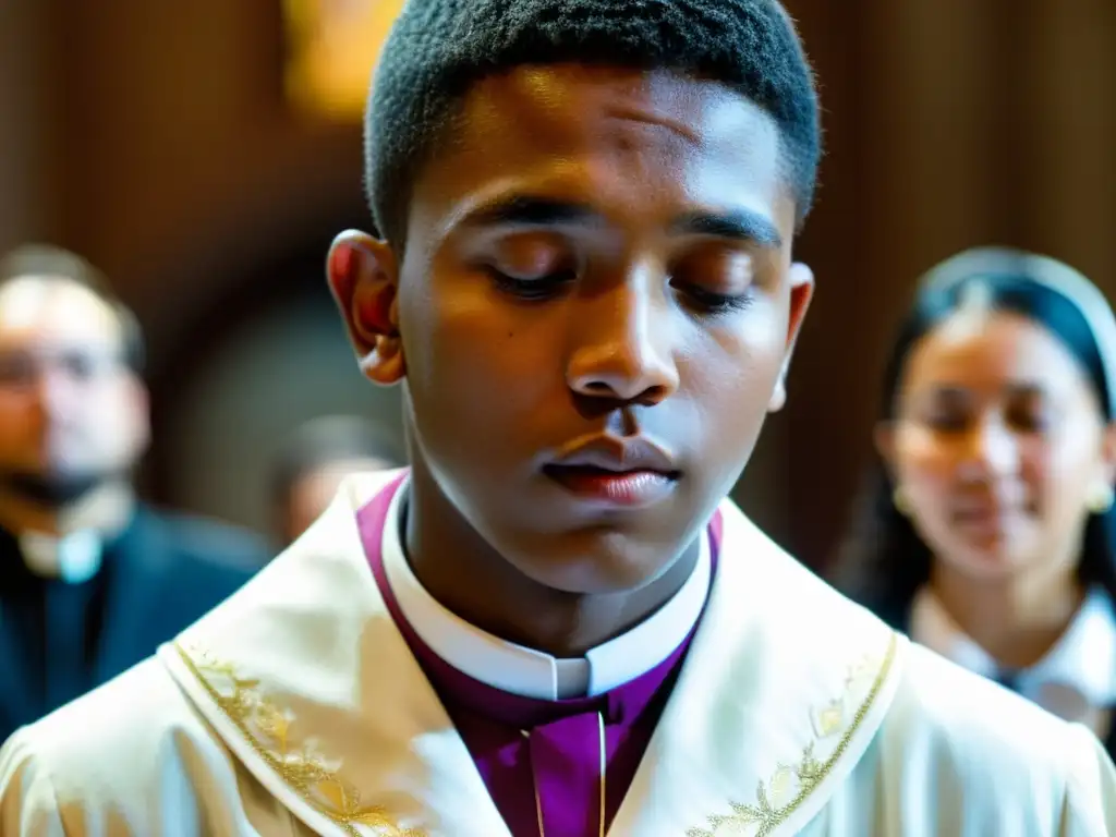 Joven recibiendo el sacramento de confirmación en la iglesia cristiana, con solemnidad y emoción