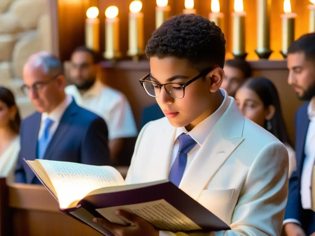 Un joven lee la Torá en su Bar o Bat Mitzvá, con concentración y emoción