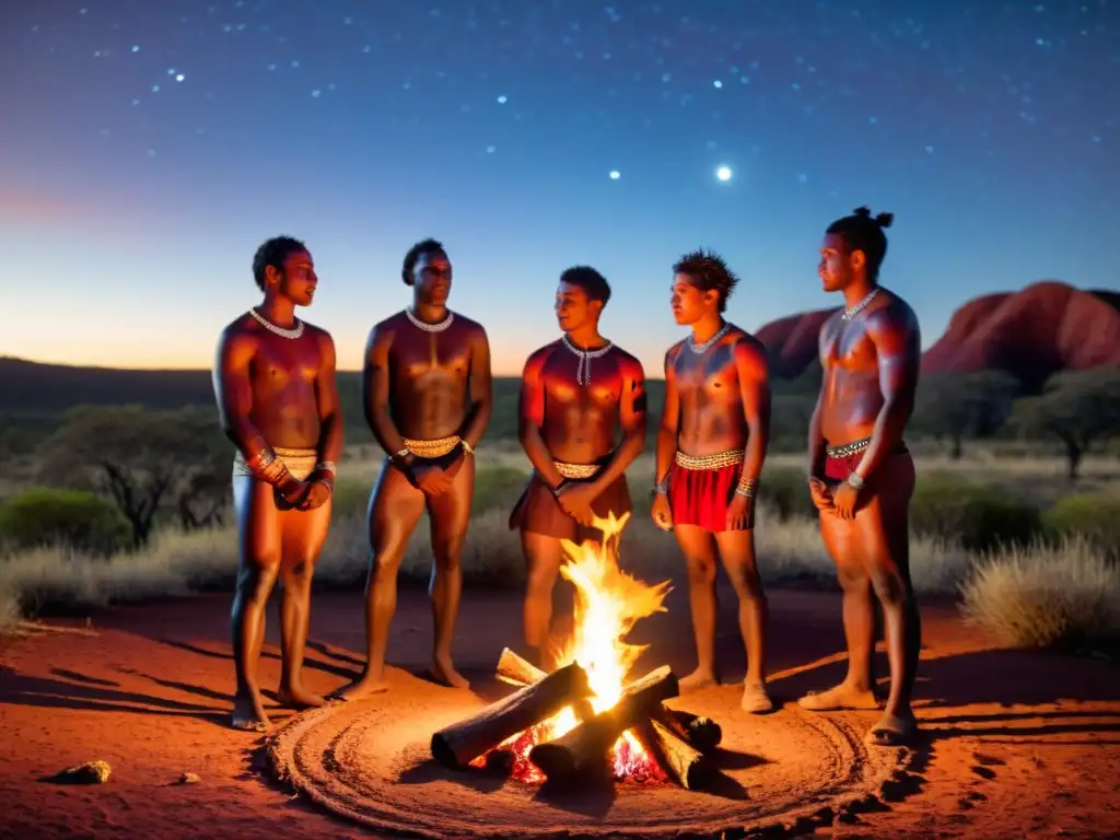 Jóvenes aborígenes australianos realizando rito de madurez alrededor de fogata en el outback