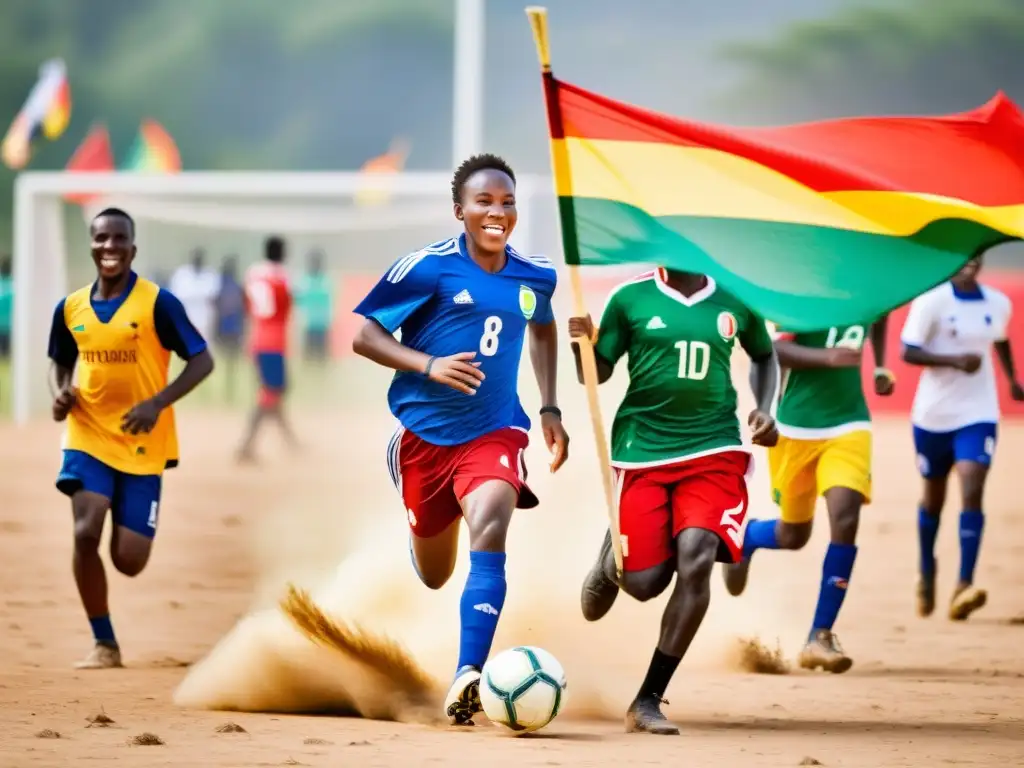 Jóvenes atletas africanos en evento deportivo expresión cultural África Francófona, unidos en un apasionante juego de fútbol bajo el sol