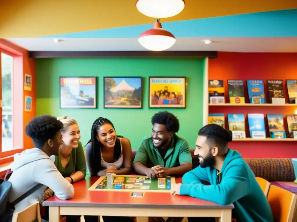 Jóvenes de distintas culturas comparten en un animado albergue juvenil cultural intercultural, rodeados de arte y diversidad