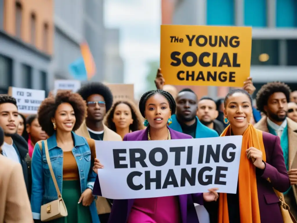 Jóvenes de distintas culturas visten moda étnica en protesta urbana, representando 'Moda étnica en redes sociales' con fuerza y diversidad