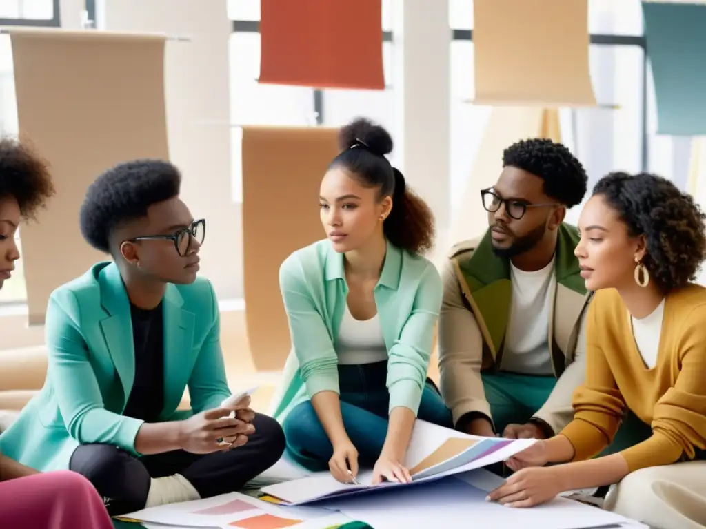 Jóvenes diseñadores emergentes de moda étnica discuten ideas creativas en un estudio lleno de color y energía