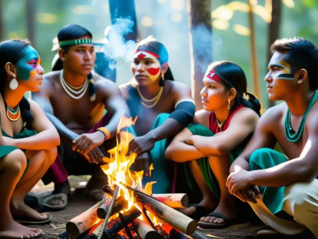 Jóvenes indígenas reunidos alrededor del fuego en el bosque, expresando aspiraciones en un mundo cambiante