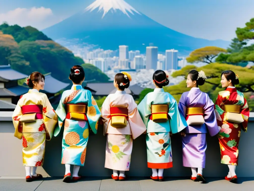 Jóvenes japoneses en kimono furisode celebrando Ritos de Pasaje en Japón con una ciudad moderna de fondo