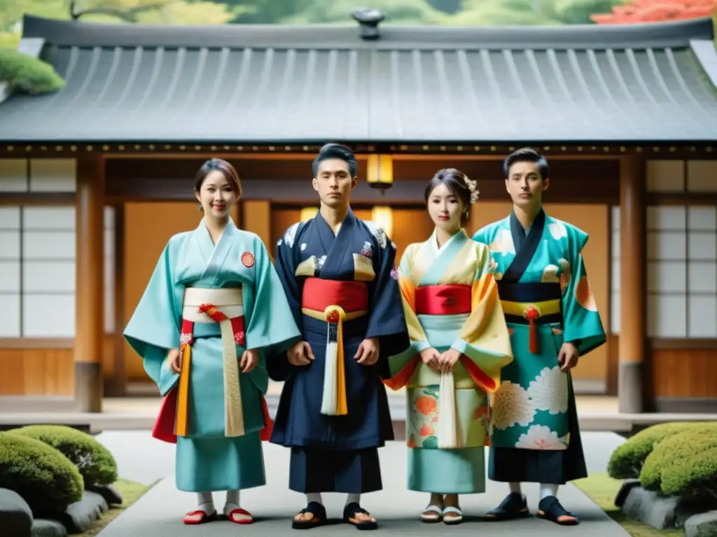 Jóvenes japoneses en kimonos y hakamas celebrando Ritos de pasaje en Japón, rodeados de belleza serena y tradición