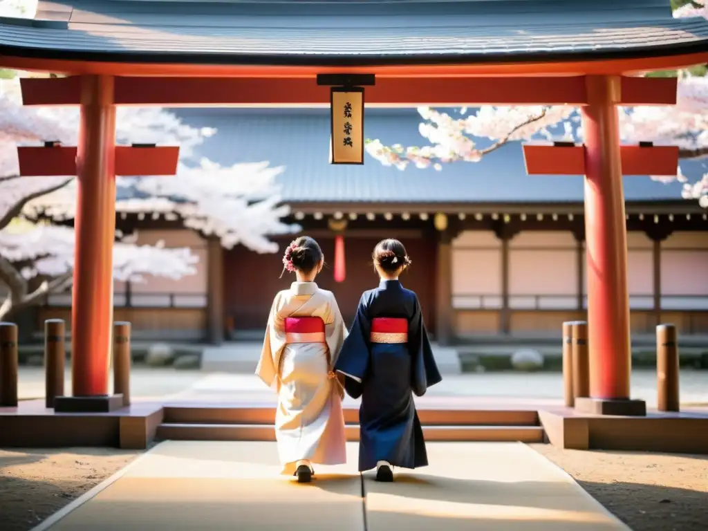 Jóvenes japoneses en tradicional ceremonia de adultez en un santuario Shinto, con kimonos elegantes y árboles de cerezo en flor