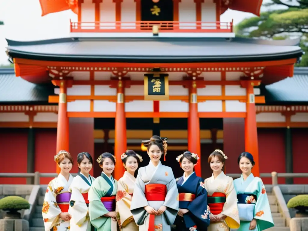 Jóvenes en kimonos frente a un santuario en la tradicional ceremonia de adultez en Japón, celebrando con reverencia y elegancia