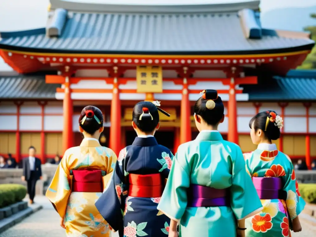 Jóvenes en kimonos participan en un solemne rito de pasaje en Japón, destacando la belleza de la ceremonia y la arquitectura del santuario