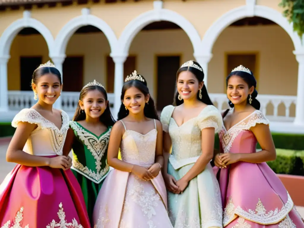 Jóvenes latinoamericanas en vestidos de quinceañera celebran su transformación a la mujer en un patio soleado, irradiando alegría y tradición