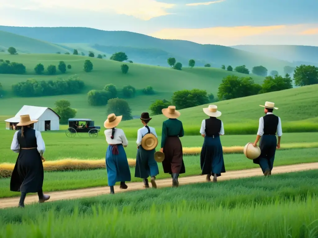 Jóvenes amish disfrutan de libertad temporal durante Rumspringa en campo verde y soleado