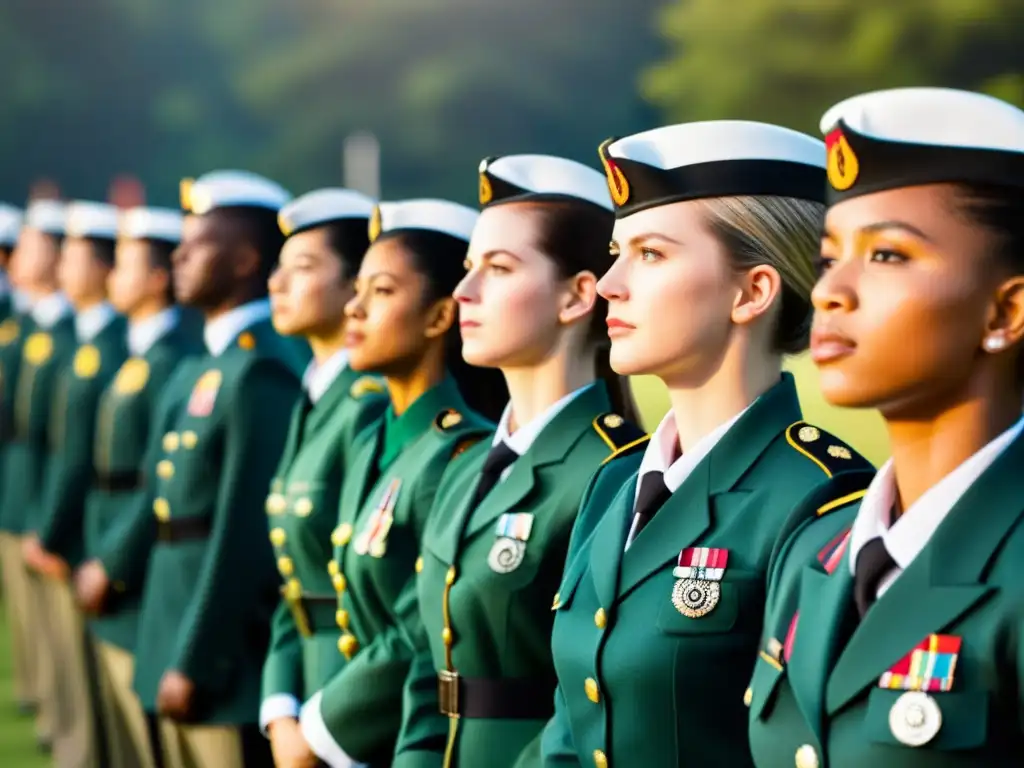 Jóvenes en formación militar, con uniformes coloridos, concentrados y determinados