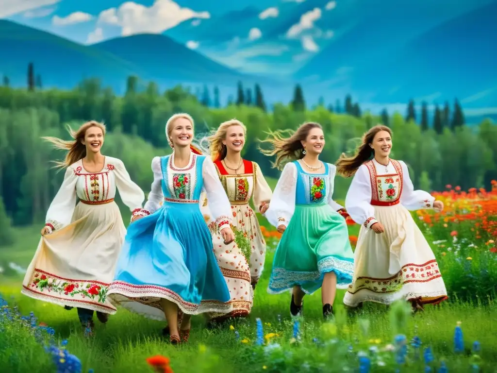 Jóvenes mujeres corren en campo ruso, vestidas con trajes de novia tradicionales, rodeadas de flores silvestres