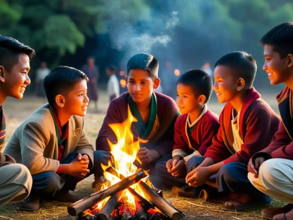 Jóvenes nepaleses en rito de pasaje Bratakatha alrededor de la fogata, con atuendos tradicionales, en entorno rural