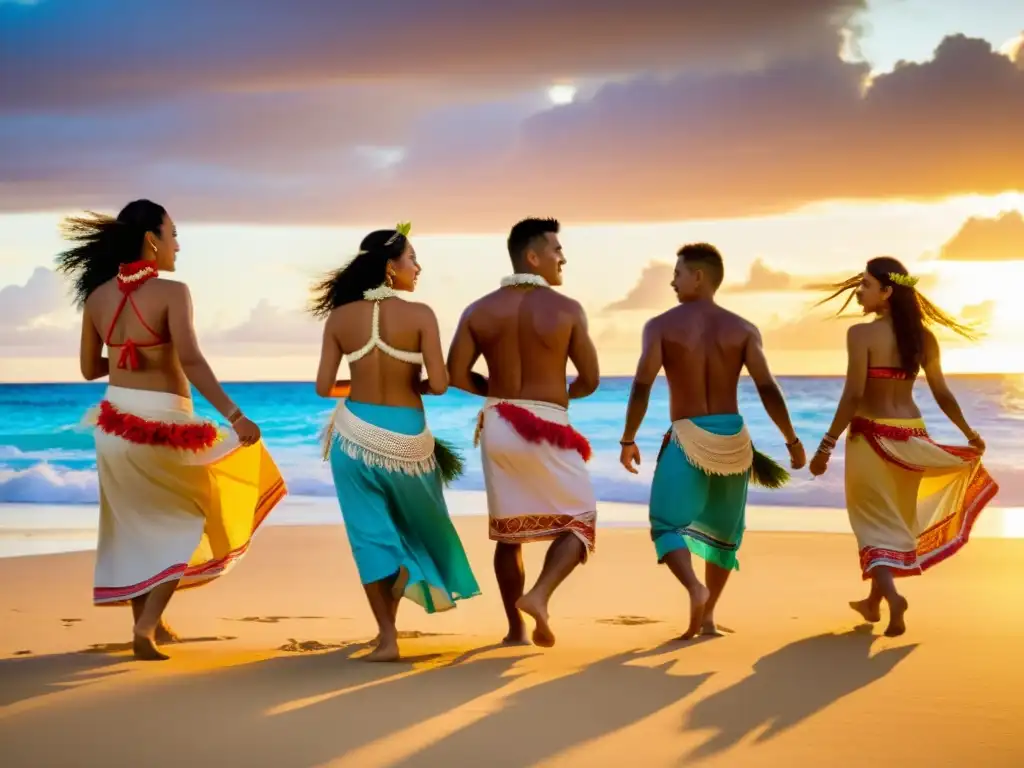 Jóvenes polinesios danzando al atardecer en la playa, transmitiendo la tradición de los jóvenes polinesios con movimientos y atuendos vibrantes