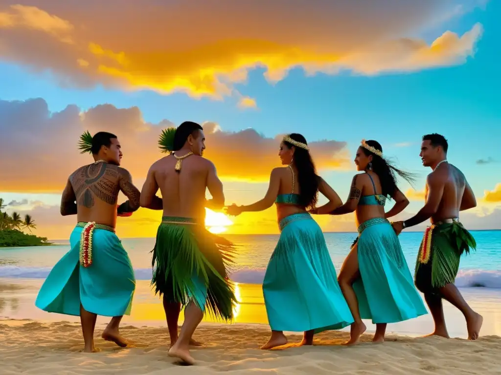 Jóvenes polinesios bailan con gracia y orgullo en la playa al atardecer, en un ritual que celebra su herencia y cultura