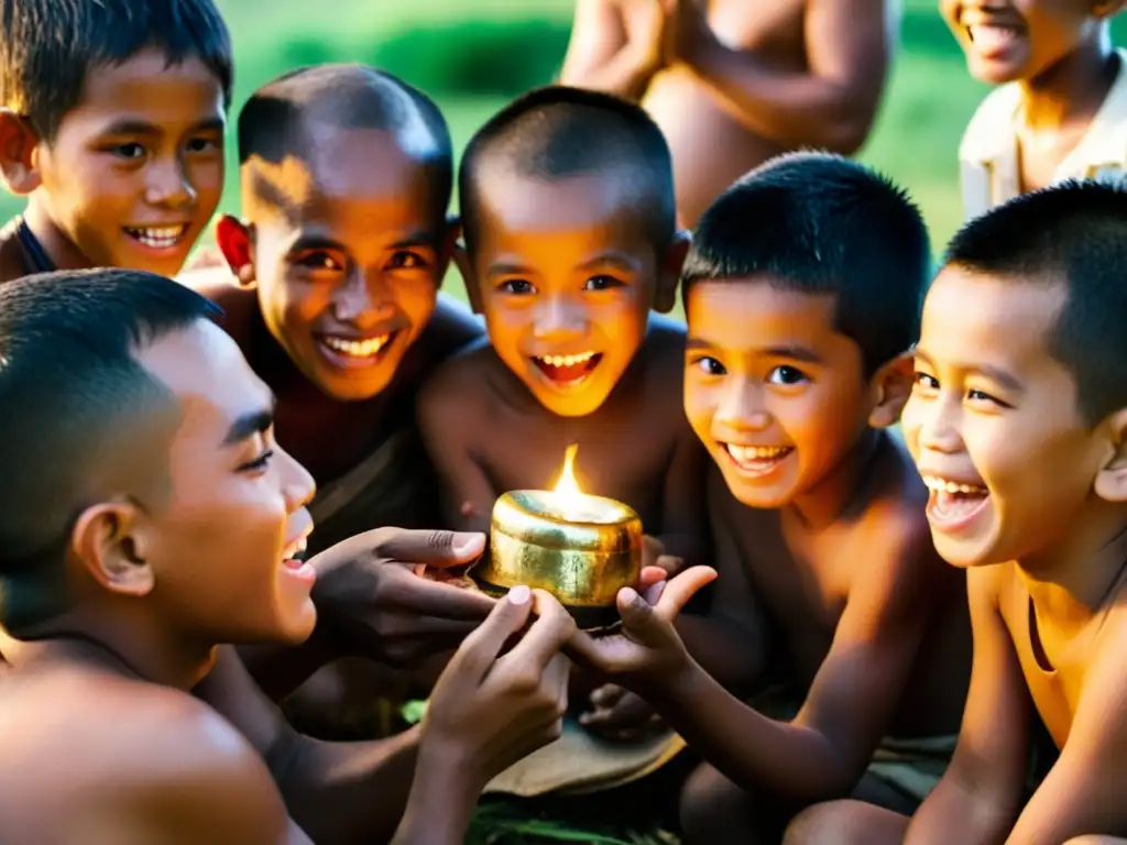 Jóvenes en rito estético de pasaje a la edad adulta en Bali, rodeados de ancianos y decoraciones ceremoniales, bajo la cálida luz del atardecer