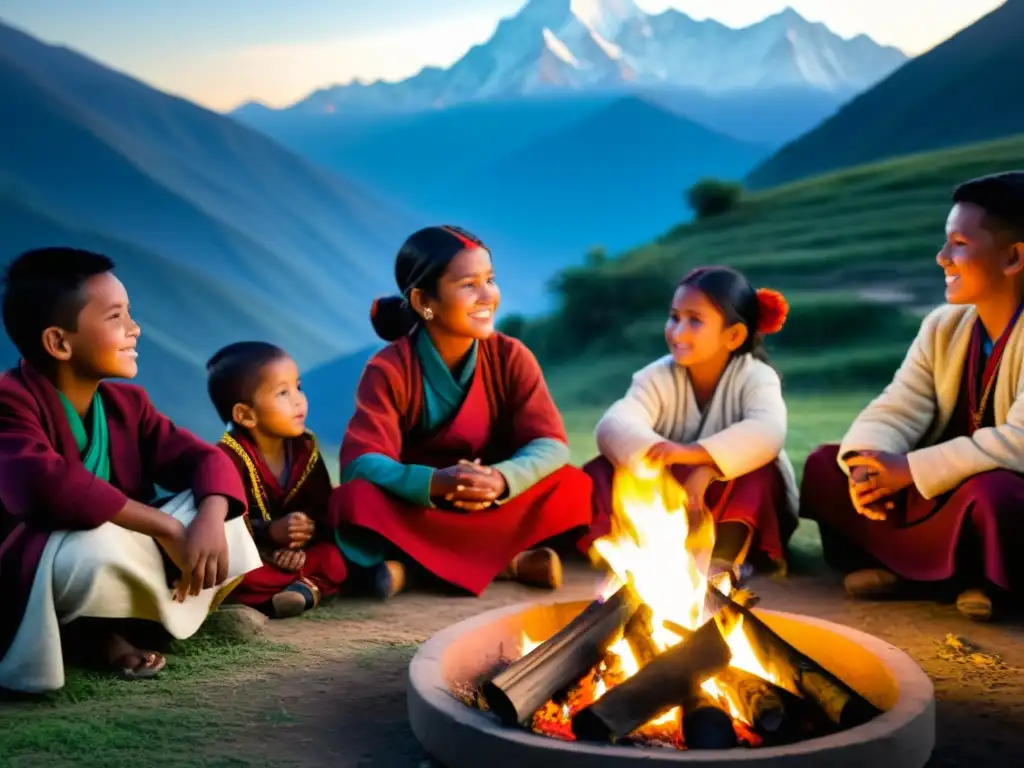 Jóvenes en trajes nepalíes participan en el rito de pasaje Bratakatha Nepal alrededor de una fogata, escuchando historias junto a los Himalayas