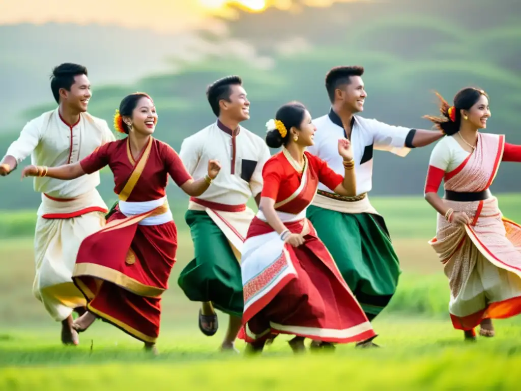 Jóvenes en trajes tradicionales de Assam bailando el animado Bihu al atardecer