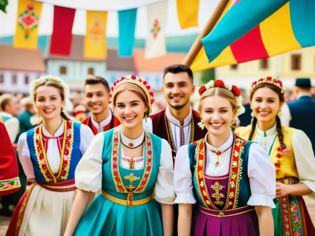 Jóvenes con trajes tradicionales europeos del este celebrando la primavera en una colorida festividad de la aldea